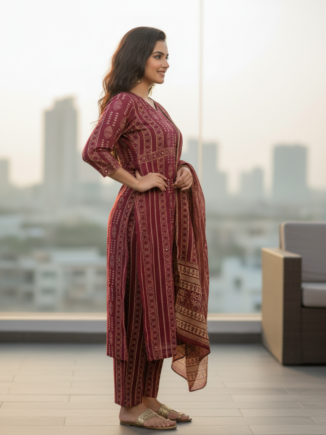 Ethnic Tribal Print Paneled Straight Kurta with Pant & Dupatta - Maroon