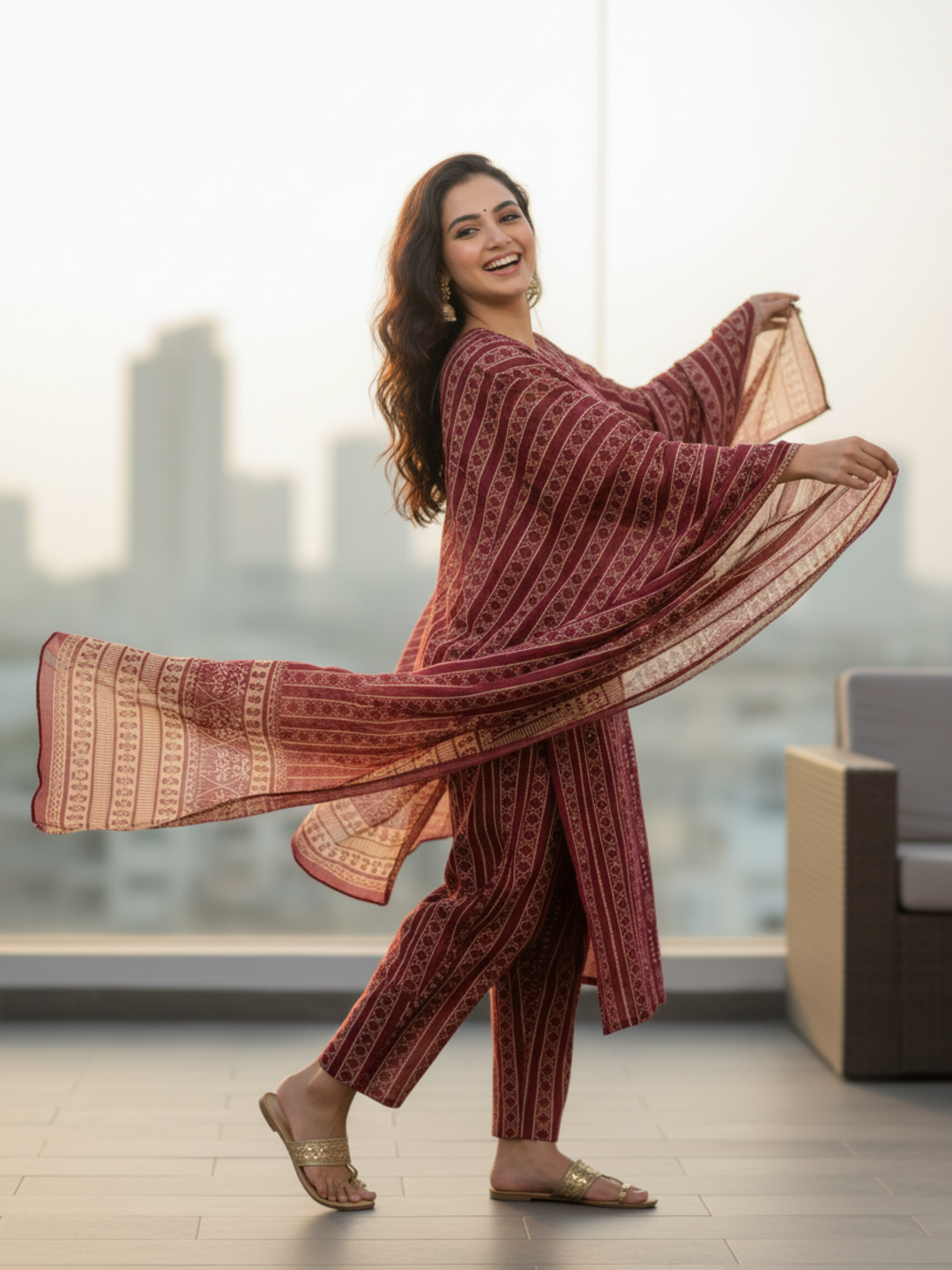 Ethnic Tribal Print Paneled Straight Kurta with Pant & Dupatta - Maroon