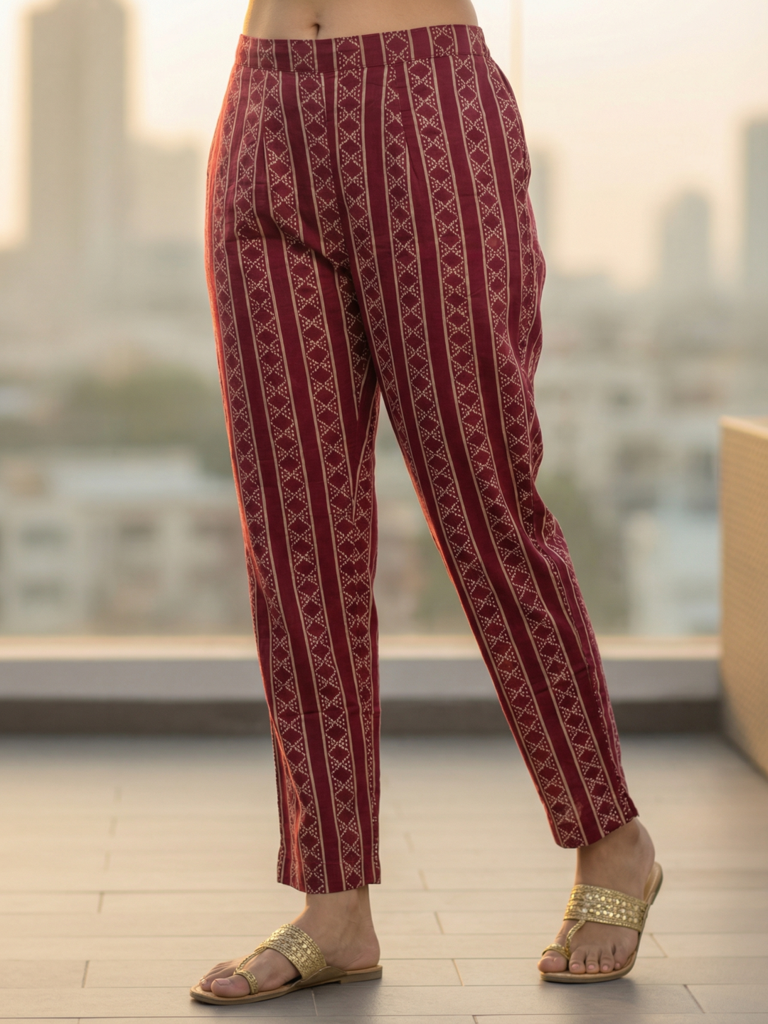 Ethnic Tribal Print Paneled Straight Kurta with Pant & Dupatta - Maroon