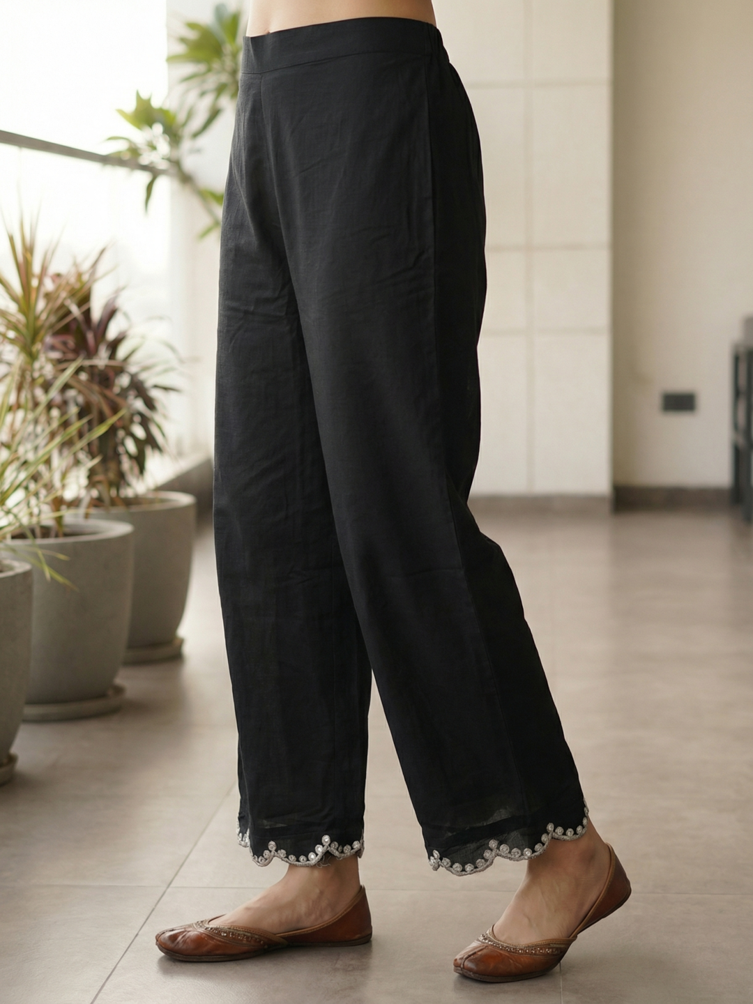 Solid Mirror Work & Embroidered A-Line Kurta with Palazzo & Dupatta - Black