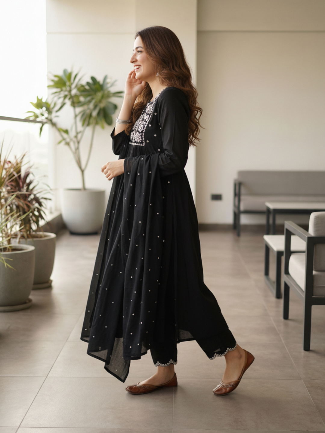 Solid Mirror Work & Embroidered A-Line Kurta with Palazzo & Dupatta - Black