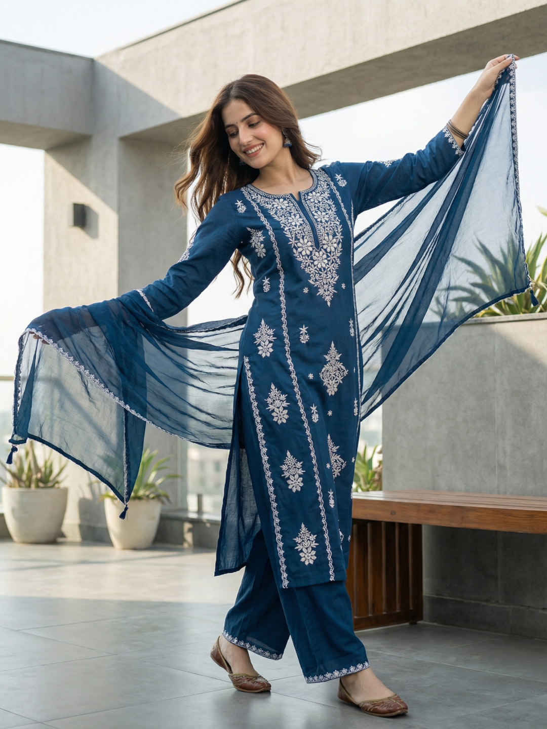 Solid Embroidered Straight Kurta with Palazzo & Dupatta - Blue