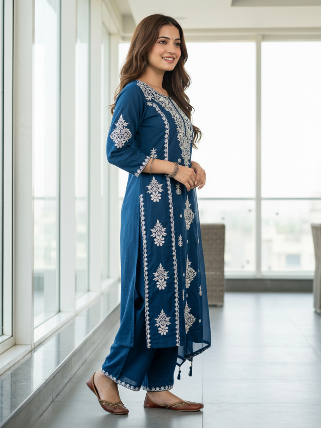 Solid Embroidered Straight Kurta with Palazzo & Dupatta - Blue