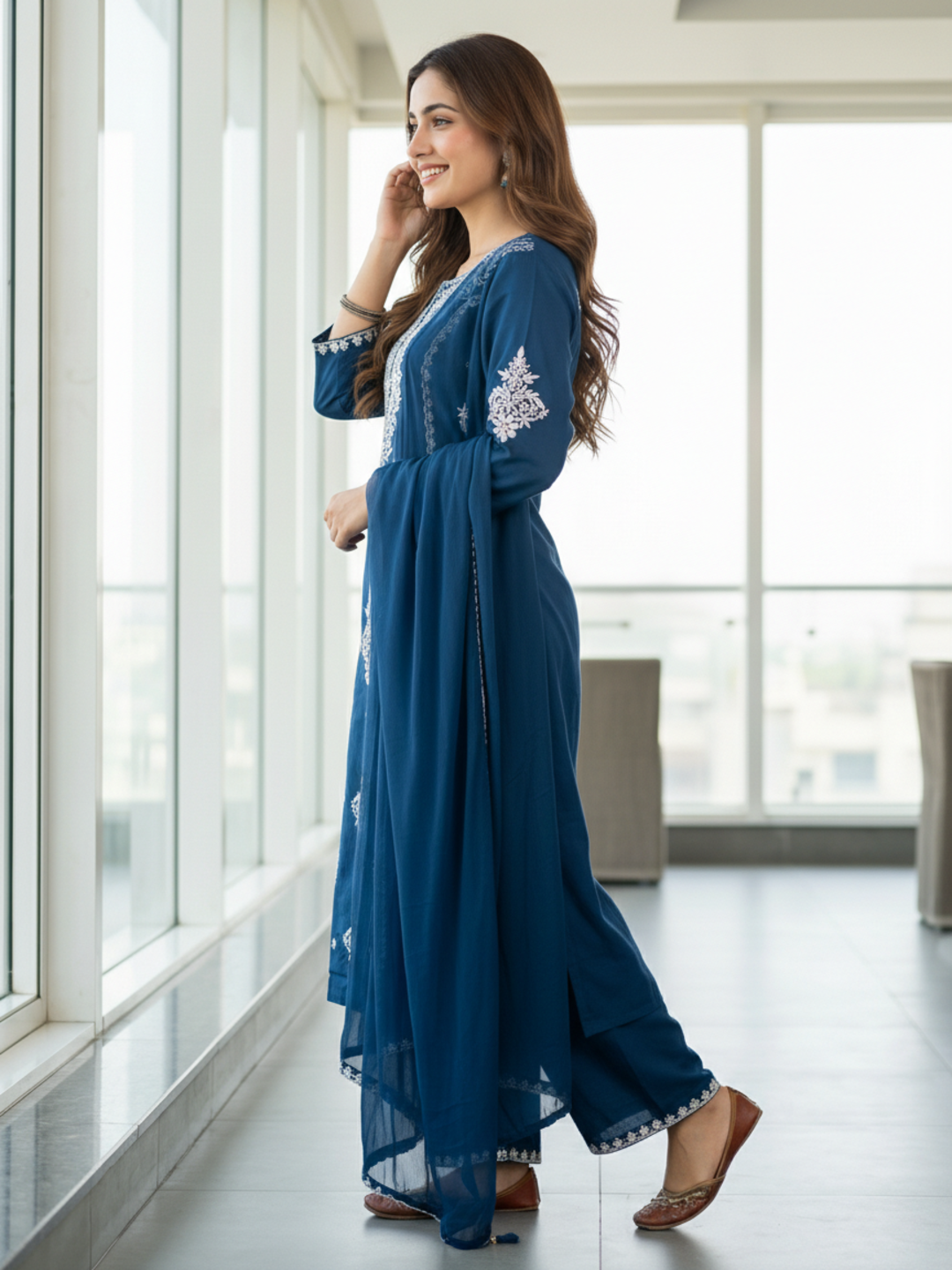 Solid Embroidered Straight Kurta with Palazzo & Dupatta - Blue