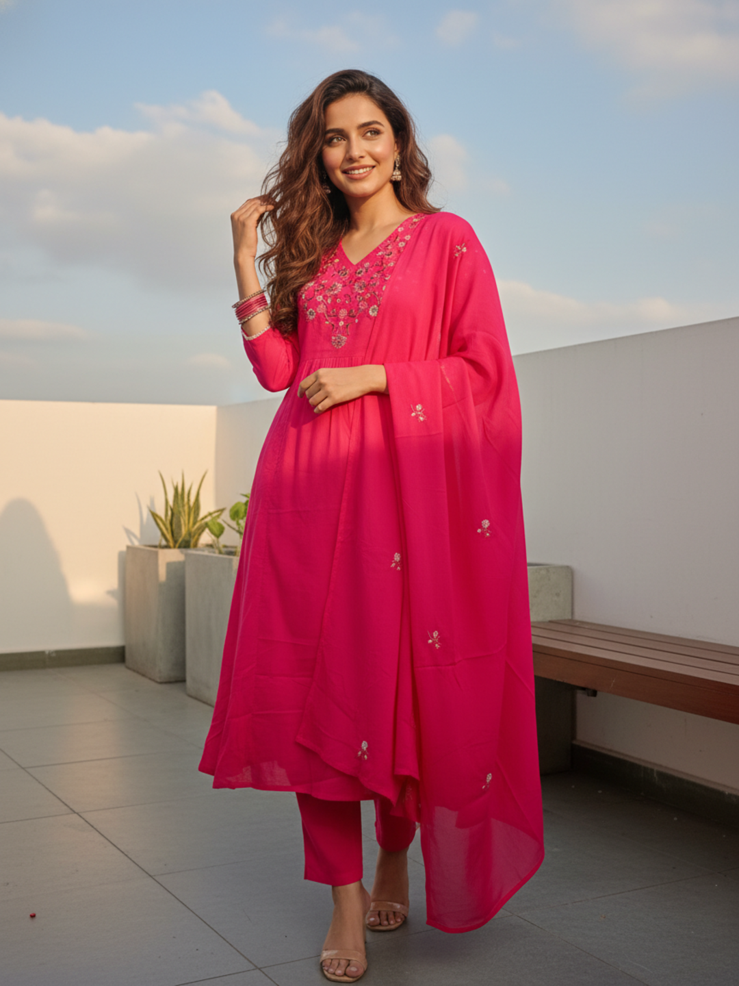 Solid Sequin & Embroidered A-Line Kurta with Pant & Dupatta - Rani