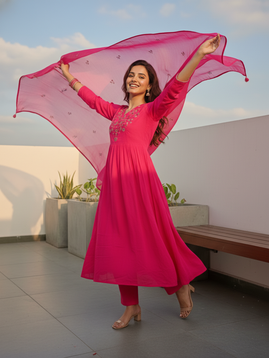 Solid Sequin & Embroidered A-Line Kurta with Pant & Dupatta - Rani