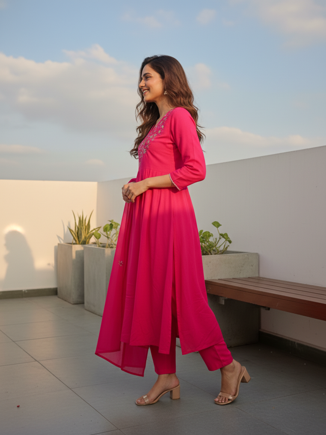 Solid Sequin & Embroidered A-Line Kurta with Pant & Dupatta - Rani