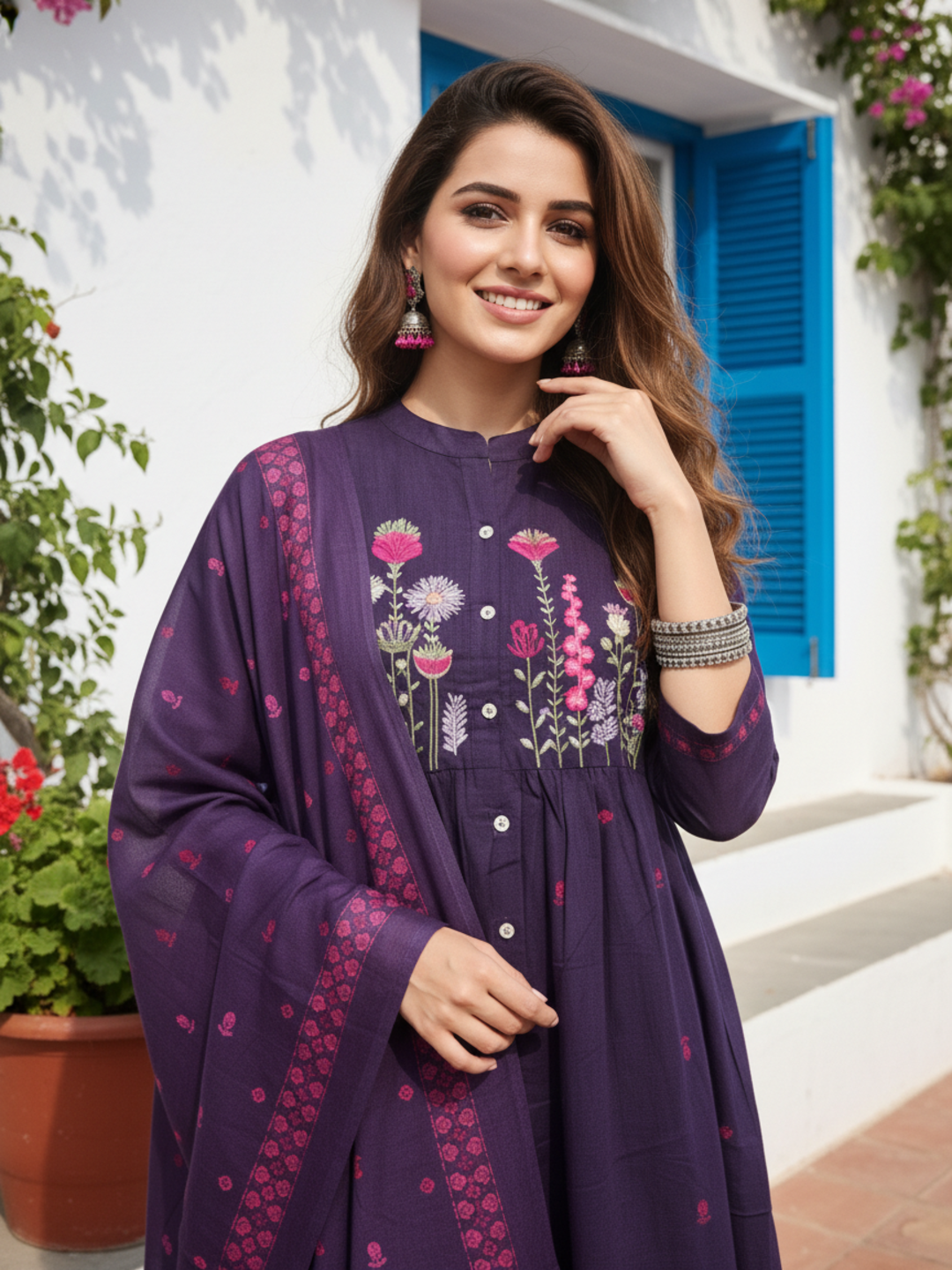 Buta Printed Embroidered A-Line Kurta with Palazzo & Dupatta - Purple