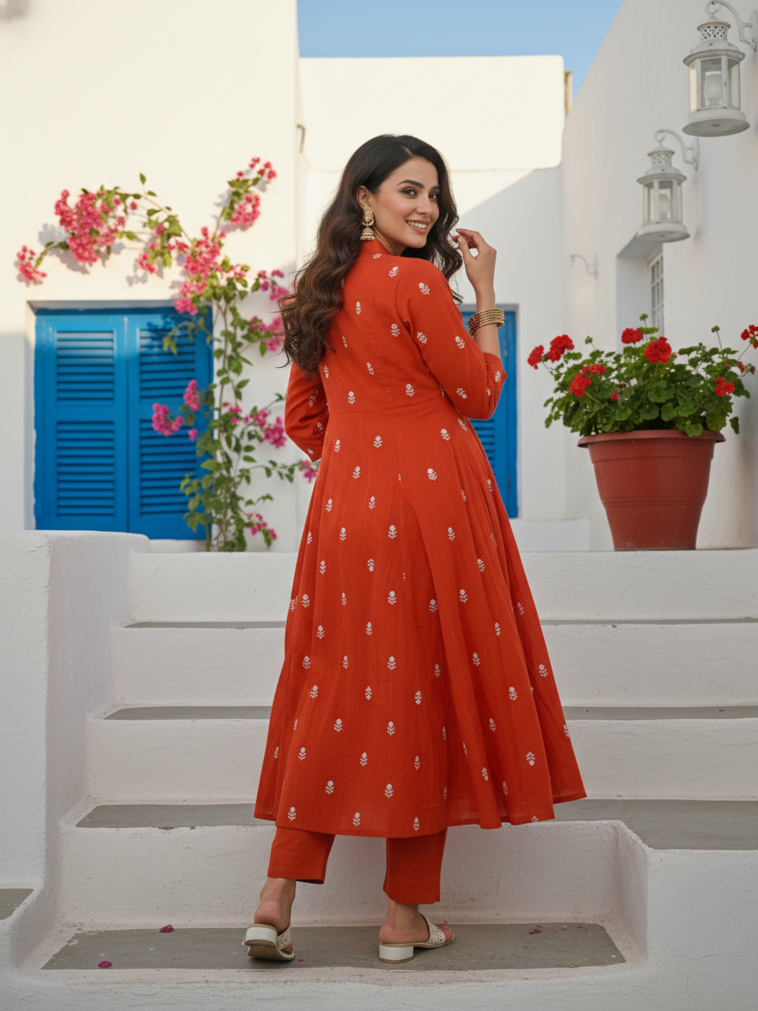 Solid Embroidered A-Line Kurta with Pant & Dupatta - Rust