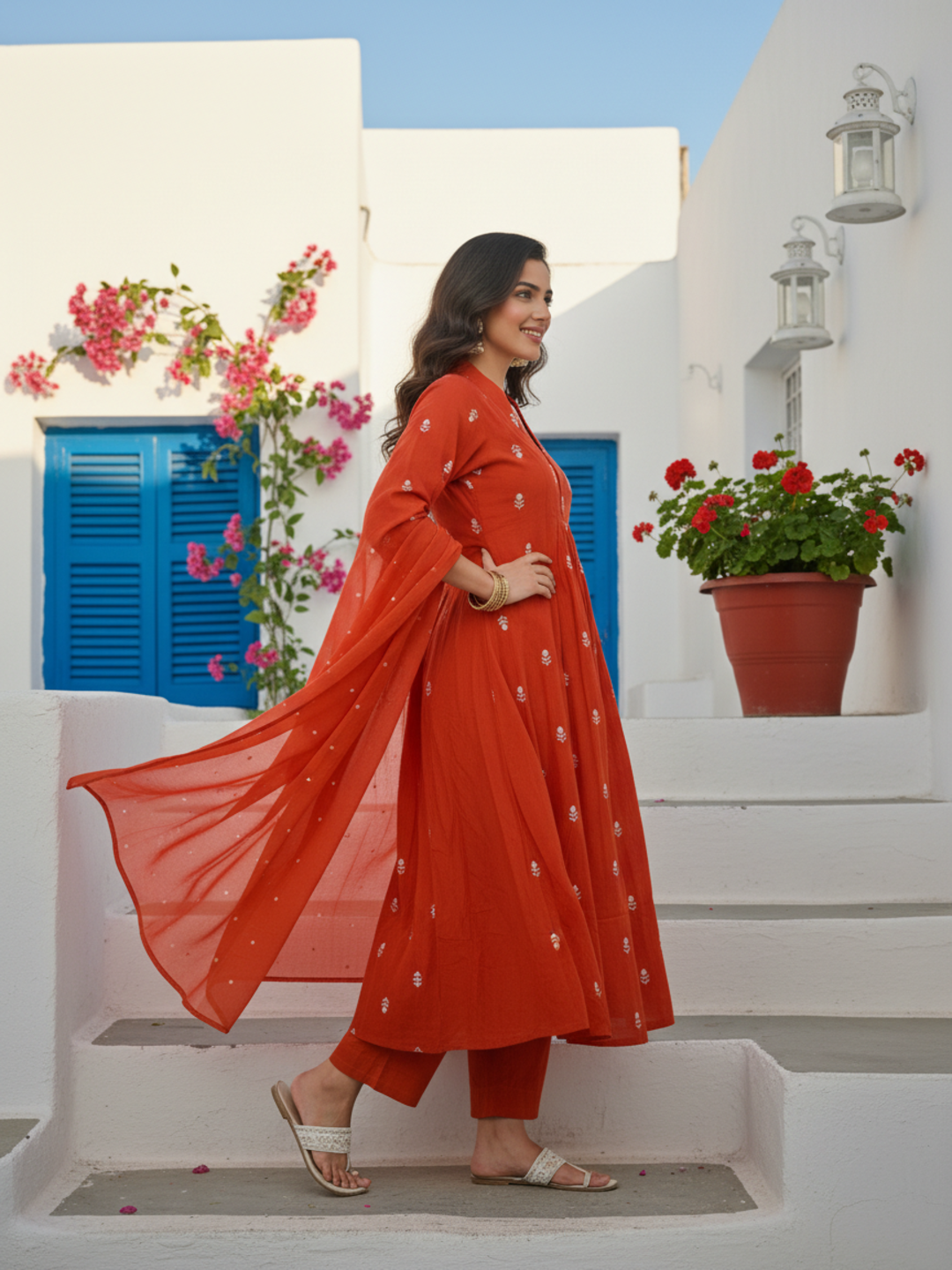 Solid Embroidered A-Line Kurta with Pant & Dupatta - Rust