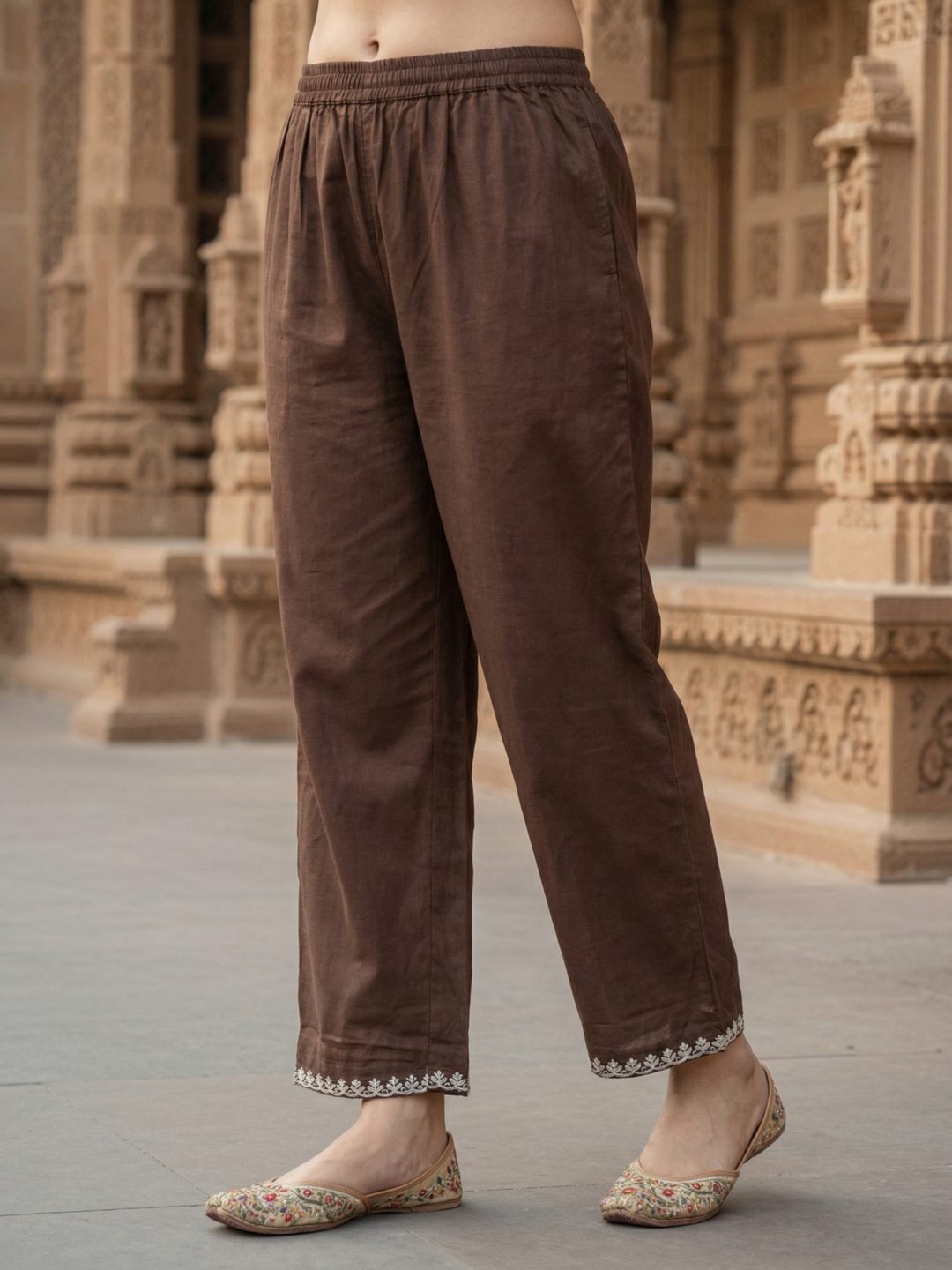 Solid Embroidered Straight Kurta with Palazzo & Dupatta - Brown