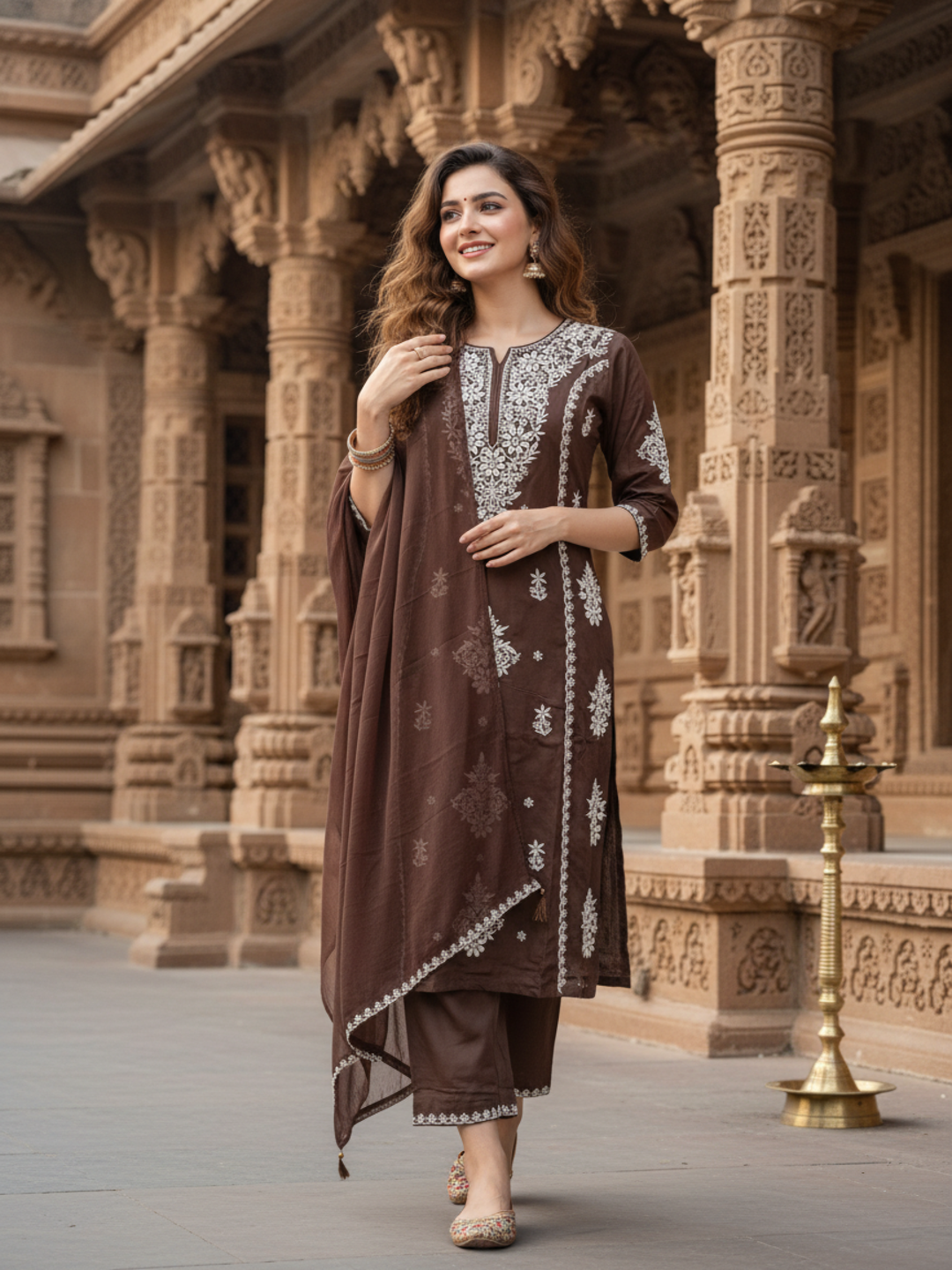 Solid Embroidered Straight Kurta with Palazzo & Dupatta - Brown
