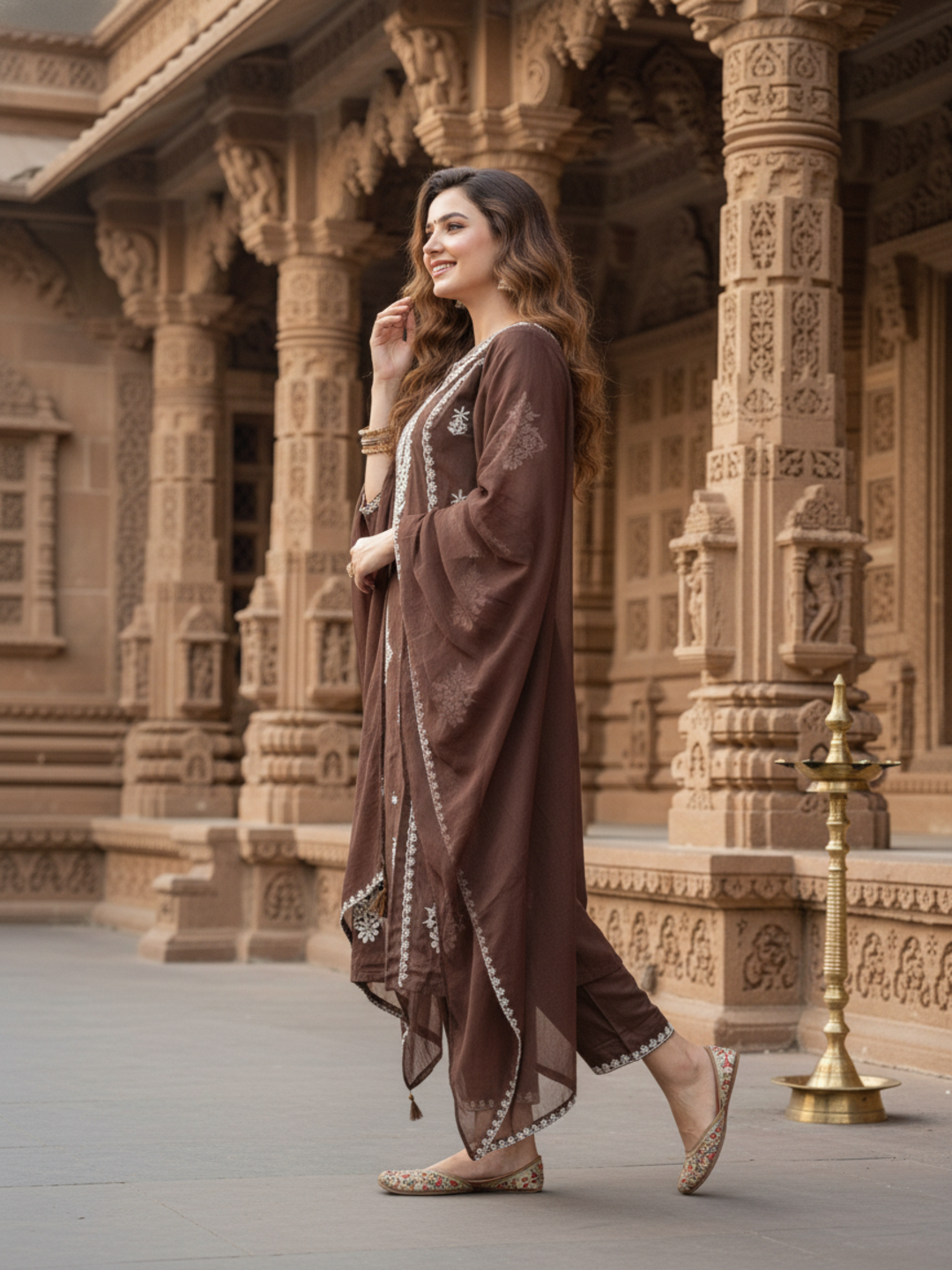 Solid Embroidered Straight Kurta with Palazzo & Dupatta - Brown