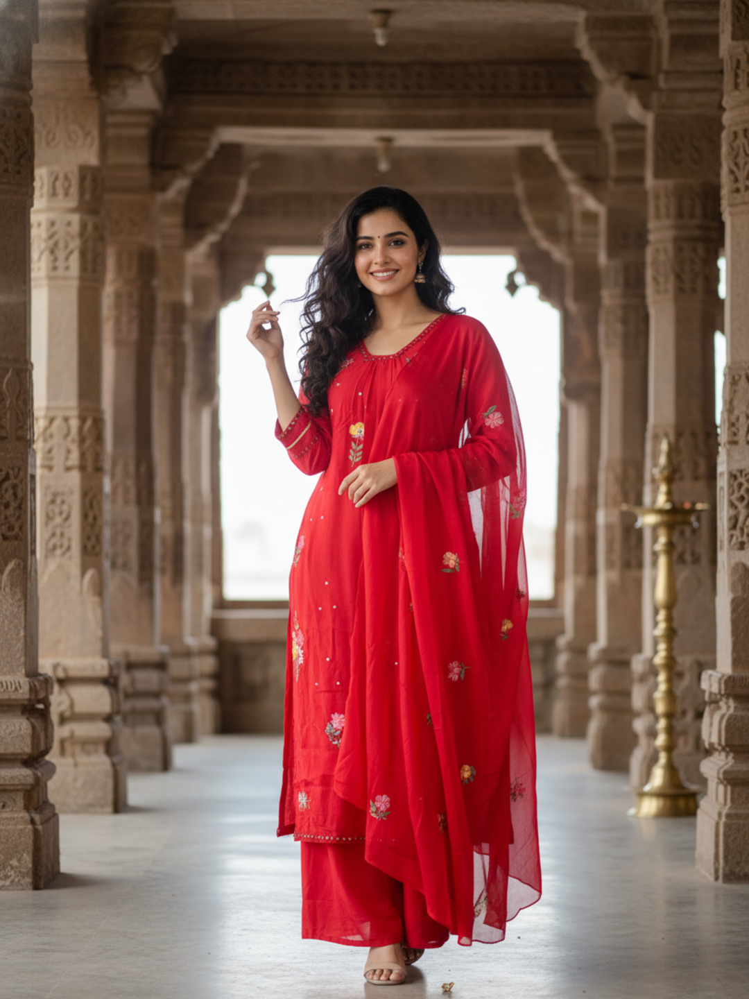 Solid Mirror Work & Sequin Embroidered A-Line Kurta with Palazzo & Dupatta - Red