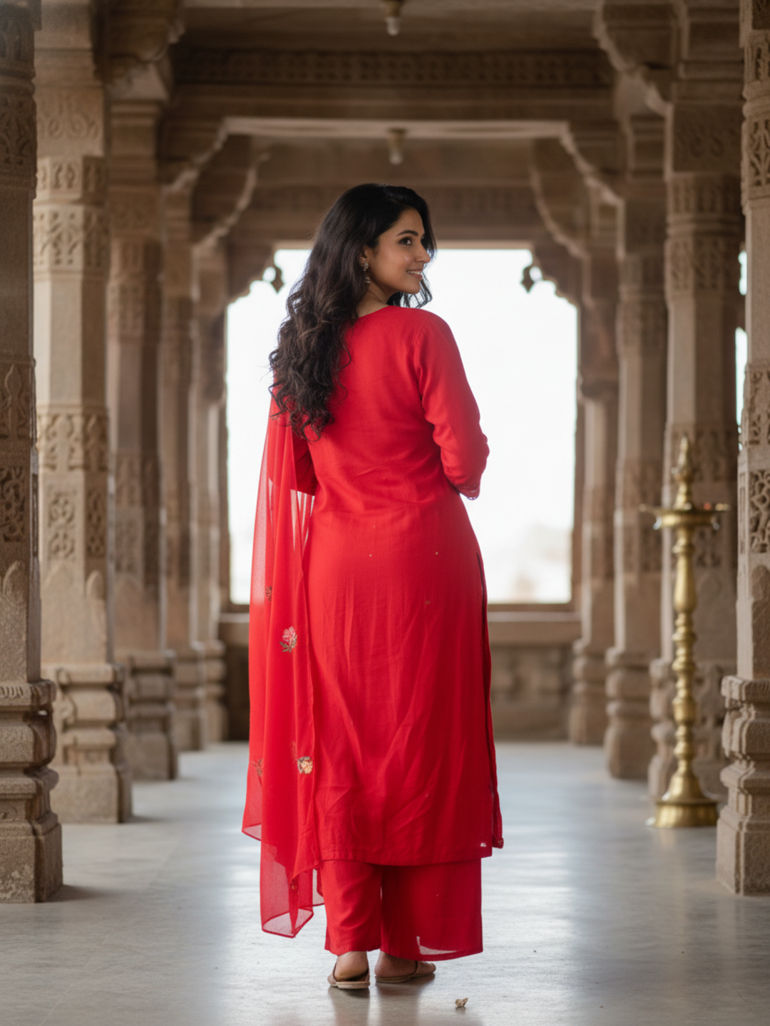 Solid Mirror Work & Sequin Embroidered A-Line Kurta with Palazzo & Dupatta - Red