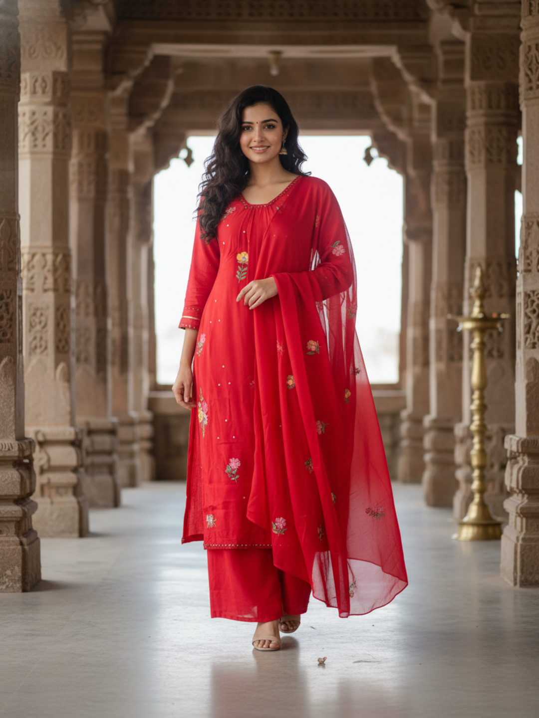 Solid Mirror Work & Sequin Embroidered A-Line Kurta with Palazzo & Dupatta - Red