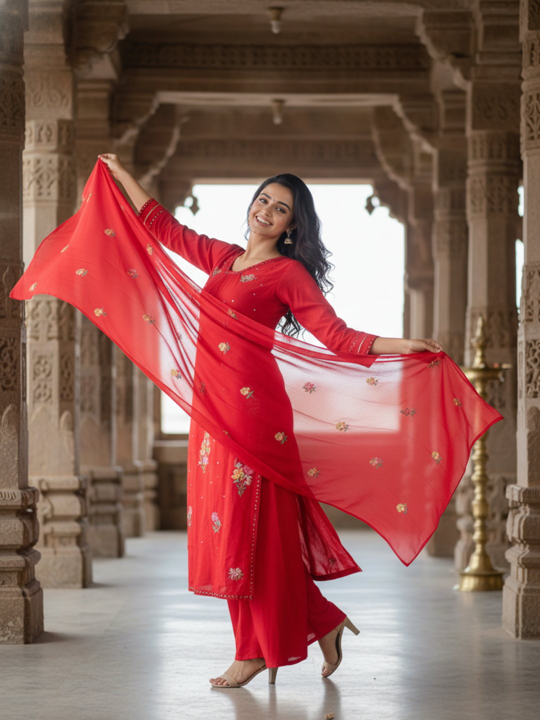 Solid Mirror Work & Sequin Embroidered A-Line Kurta with Palazzo & Dupatta - Red