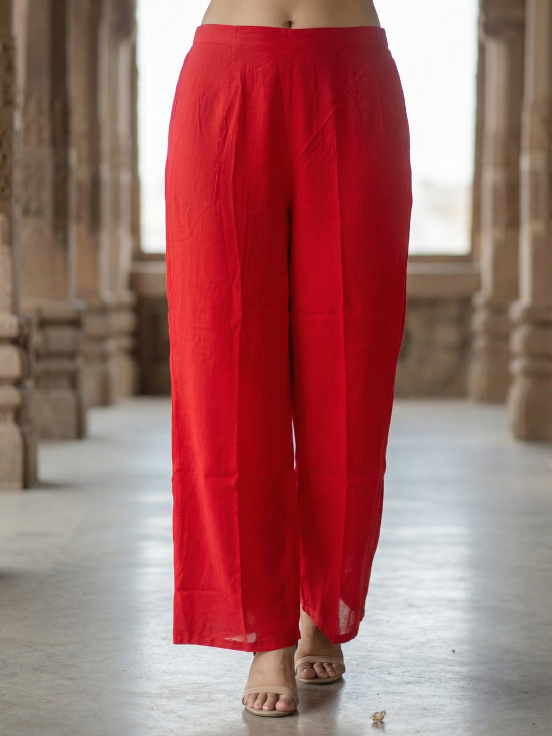 Solid Mirror Work & Sequin Embroidered A-Line Kurta with Palazzo & Dupatta - Red