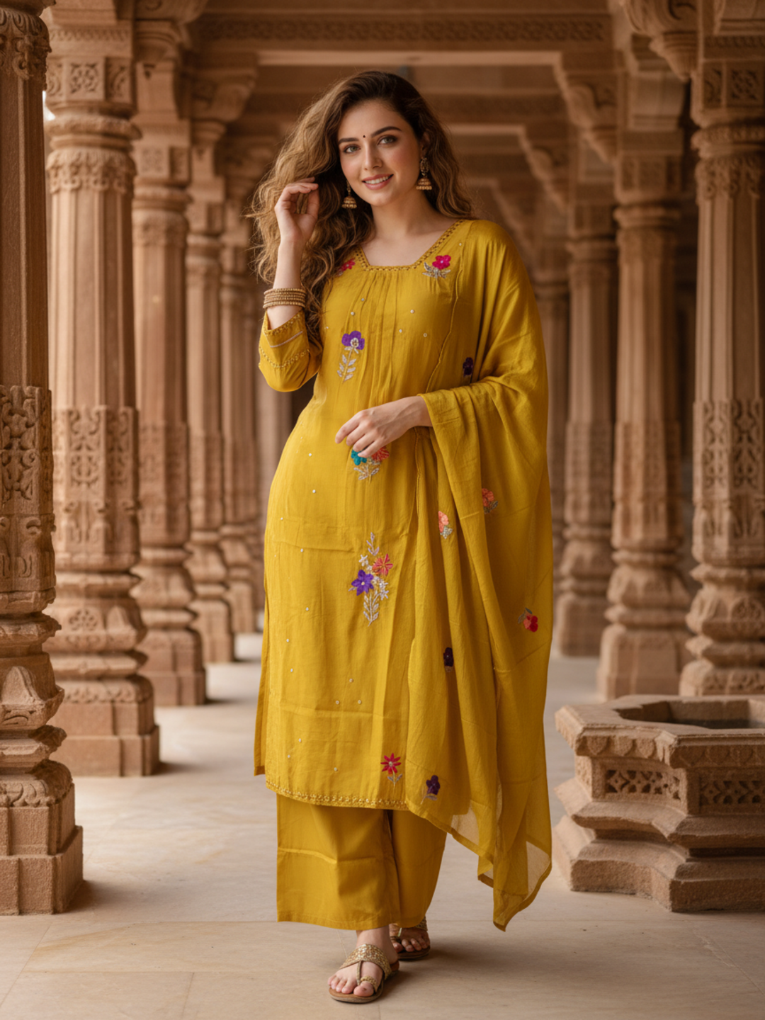 Solid Mirror Work & Sequin Embroidered A-Line Kurta with Palazzo & Dupatta - Mustard