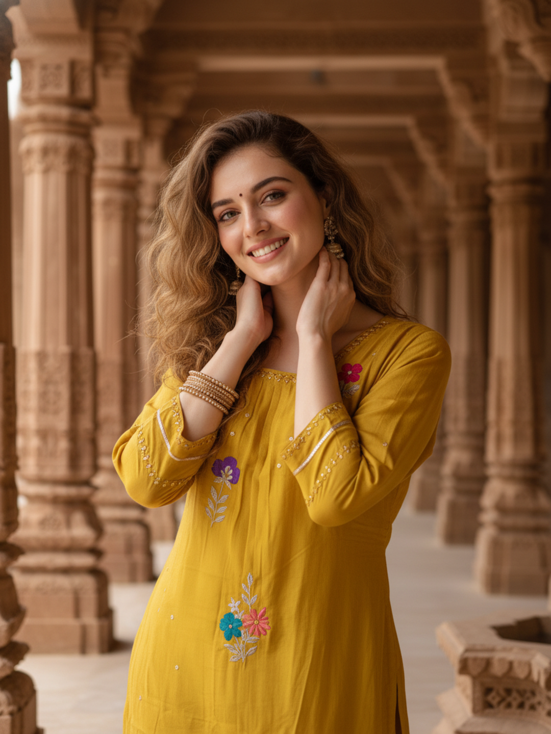 Solid Mirror Work & Sequin Embroidered A-Line Kurta with Palazzo & Dupatta - Mustard