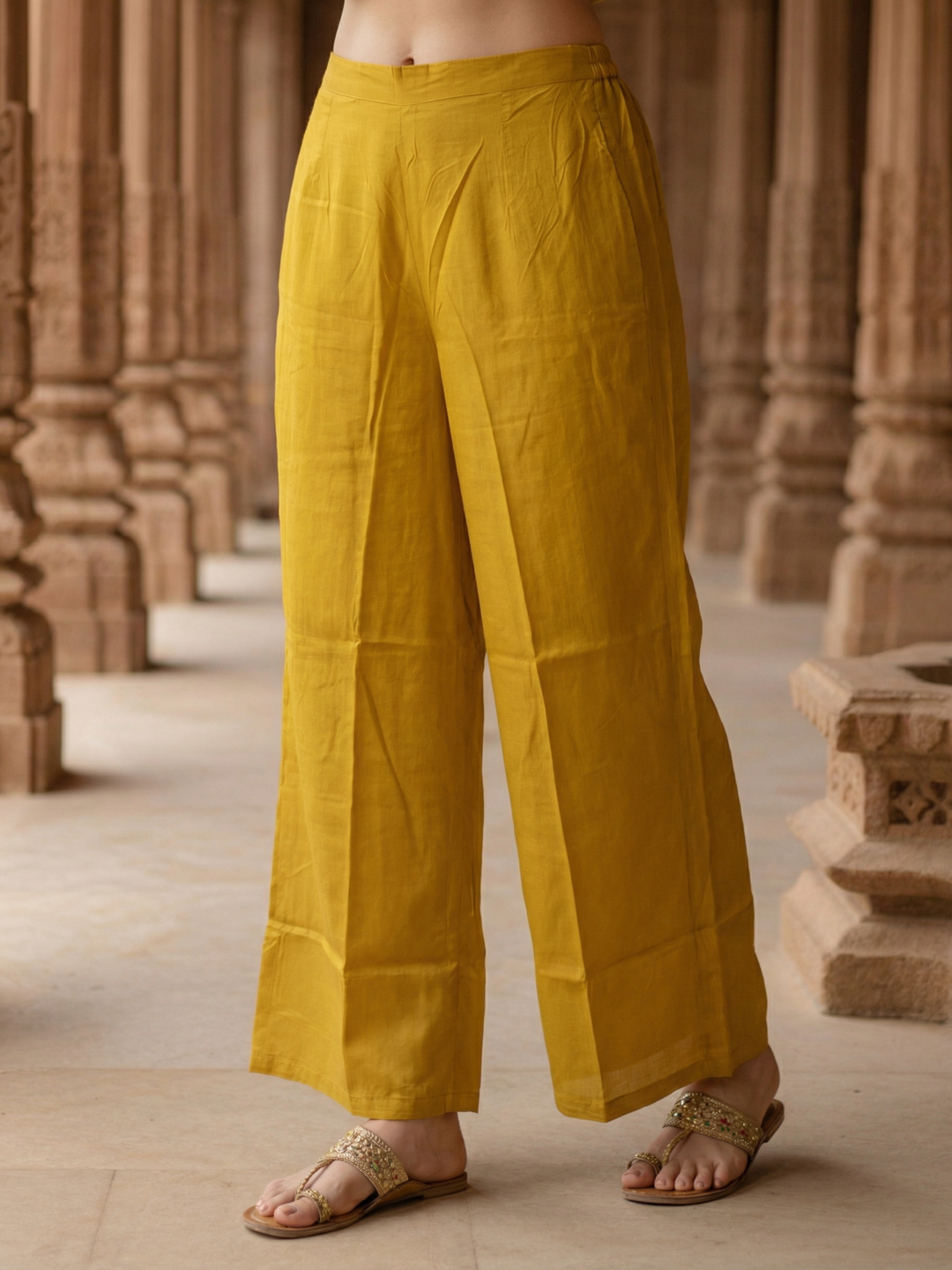 Solid Mirror Work & Sequin Embroidered A-Line Kurta with Palazzo & Dupatta - Mustard