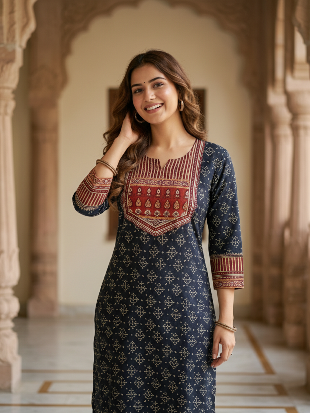Ethnic Bandhani Printed Sequin Detailed Straight Kurta - Black