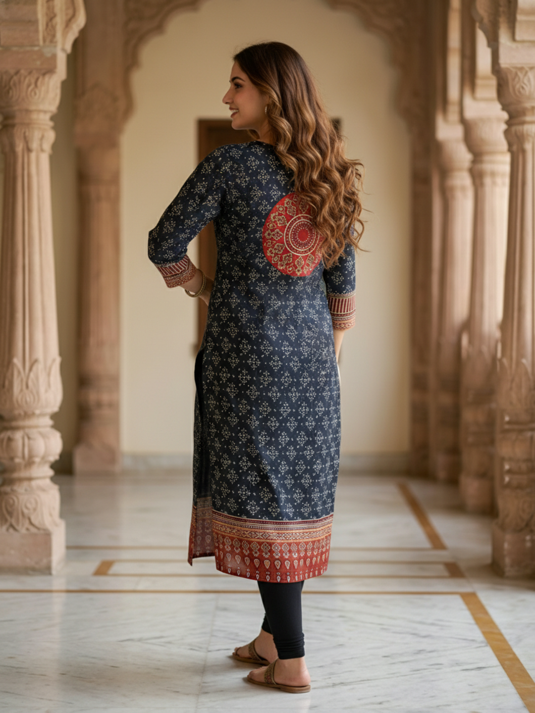 Ethnic Bandhani Printed Sequin Detailed Straight Kurta - Black