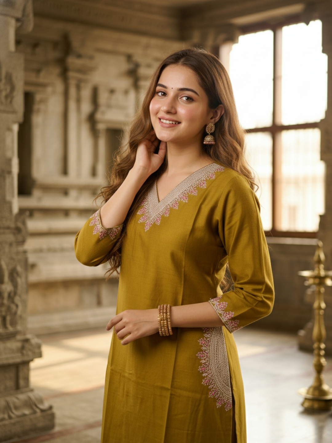 Solid Embroidered Straight Kurta - Mustard Yellow