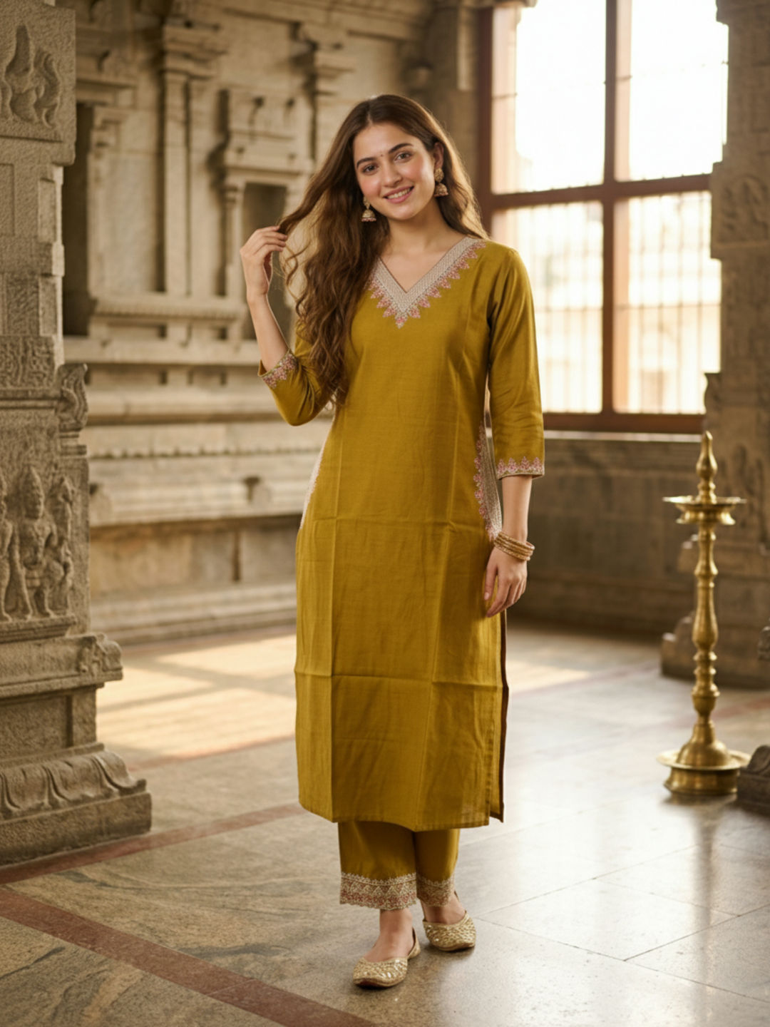Solid Embroidered Straight Kurta - Mustard Yellow