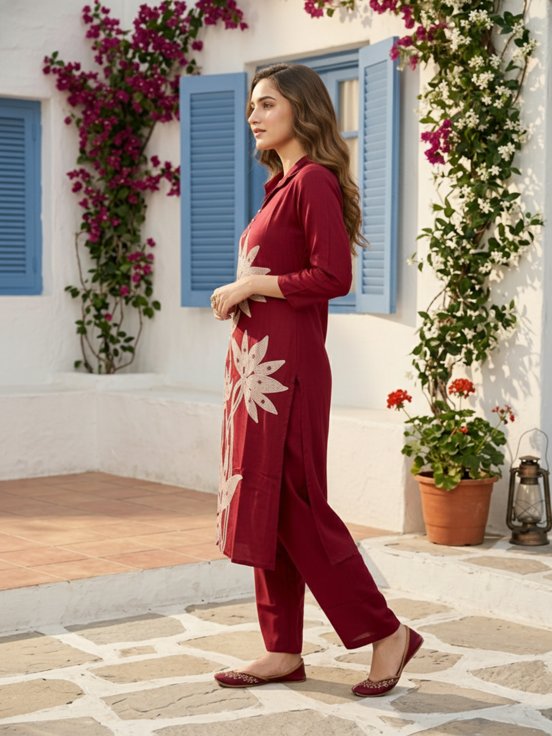 Abstract Floral Printed A-Line Top with Palazzo - Burgundy