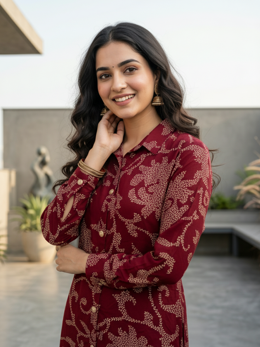 Floral Bandhani Printed A-Line Top with Palazzo - Maroon