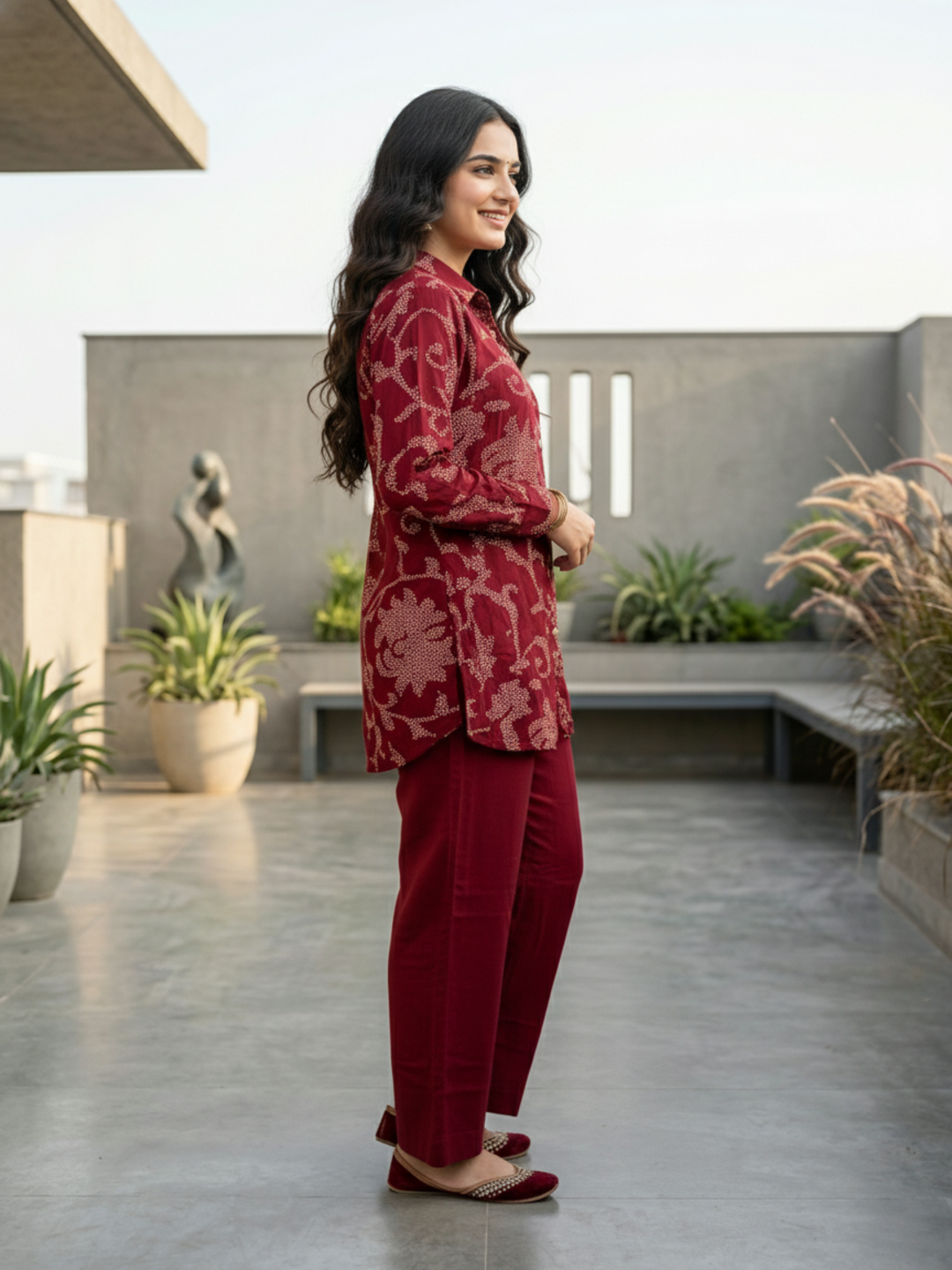 Floral Bandhani Printed A-Line Top with Palazzo - Maroon