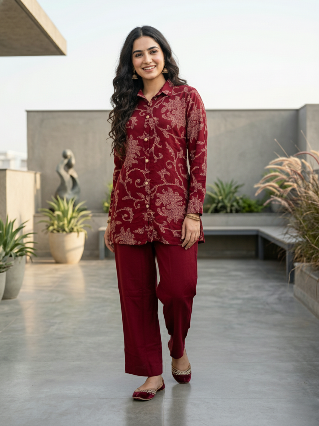 Floral Bandhani Printed A-Line Top with Palazzo - Maroon