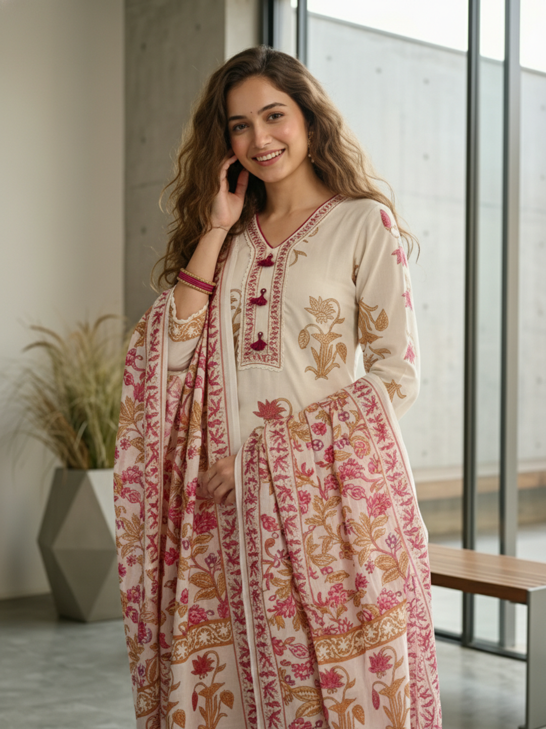 Ethnic Floral Printed Embroidered Straight Kurta with Palazzo & Dupatta - White