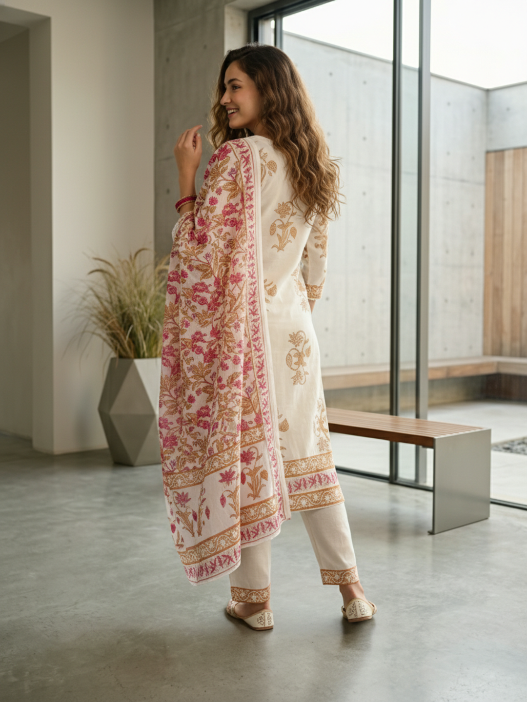 Ethnic Floral Printed Embroidered Straight Kurta with Palazzo & Dupatta - White