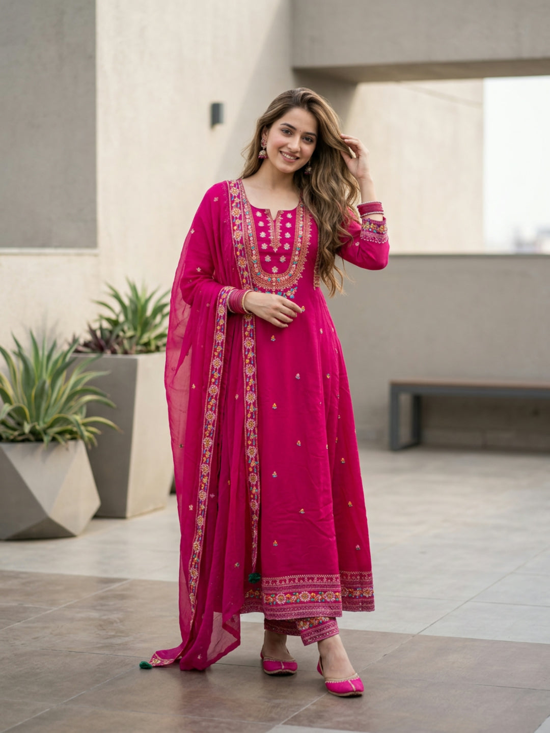 Embroidered Anarkali Kurta with Pant & Dupatta - Rani Pink