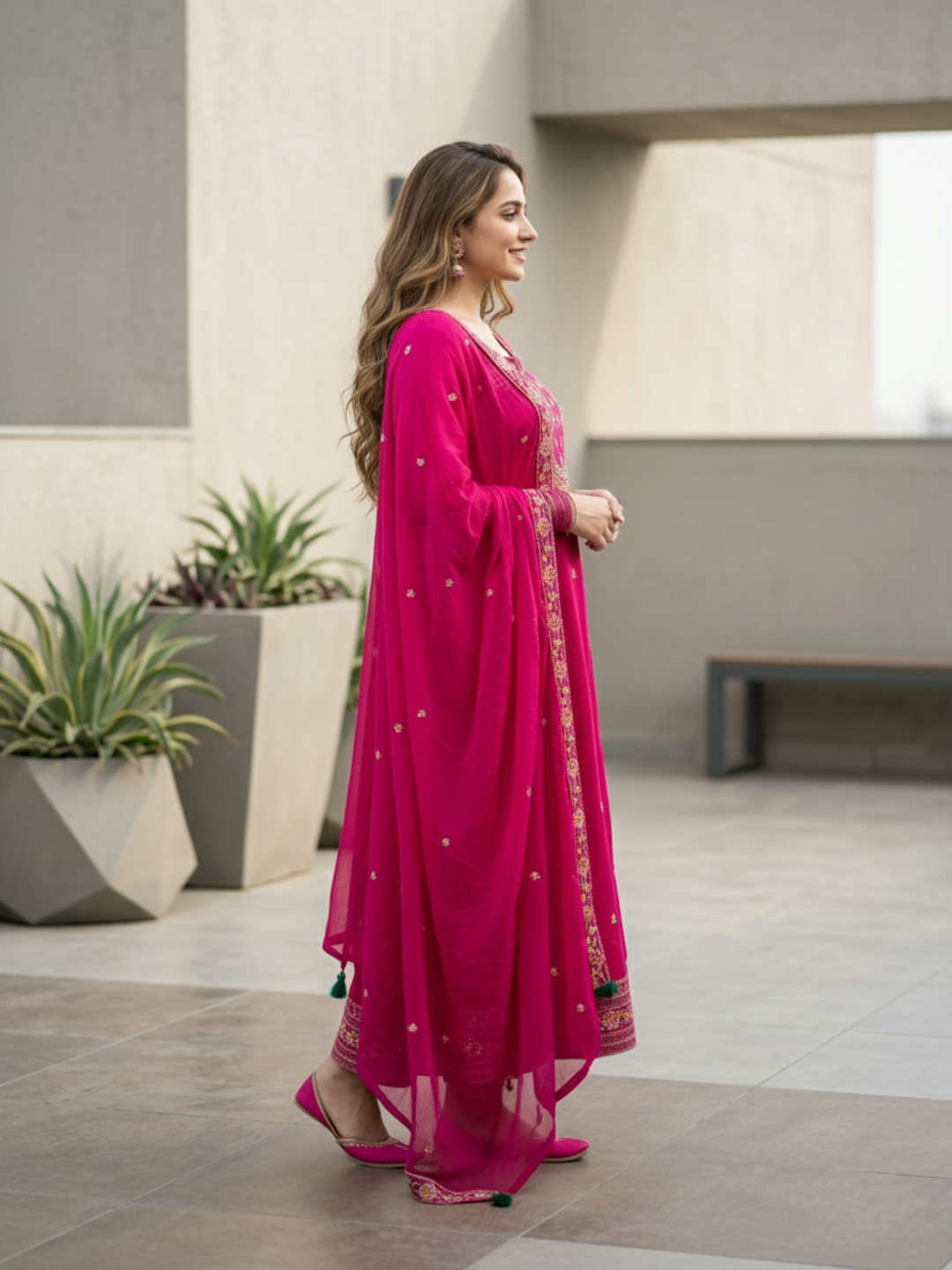 Embroidered Anarkali Kurta with Pant & Dupatta - Rani Pink