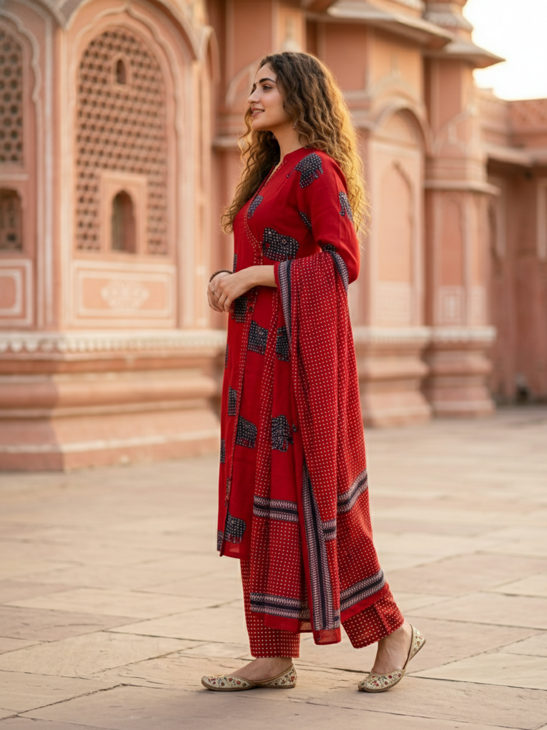 Ethnic Elephant Printed Straight Kurta with Pant & Dupatta - Rust