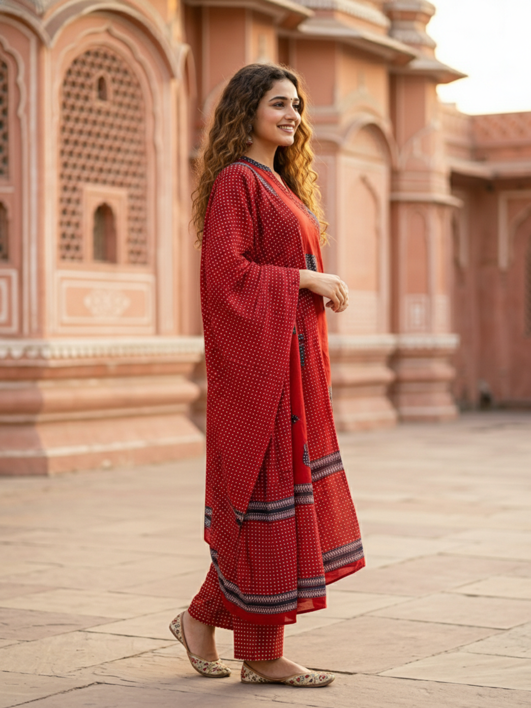 Ethnic Elephant Printed Straight Kurta with Pant & Dupatta - Rust