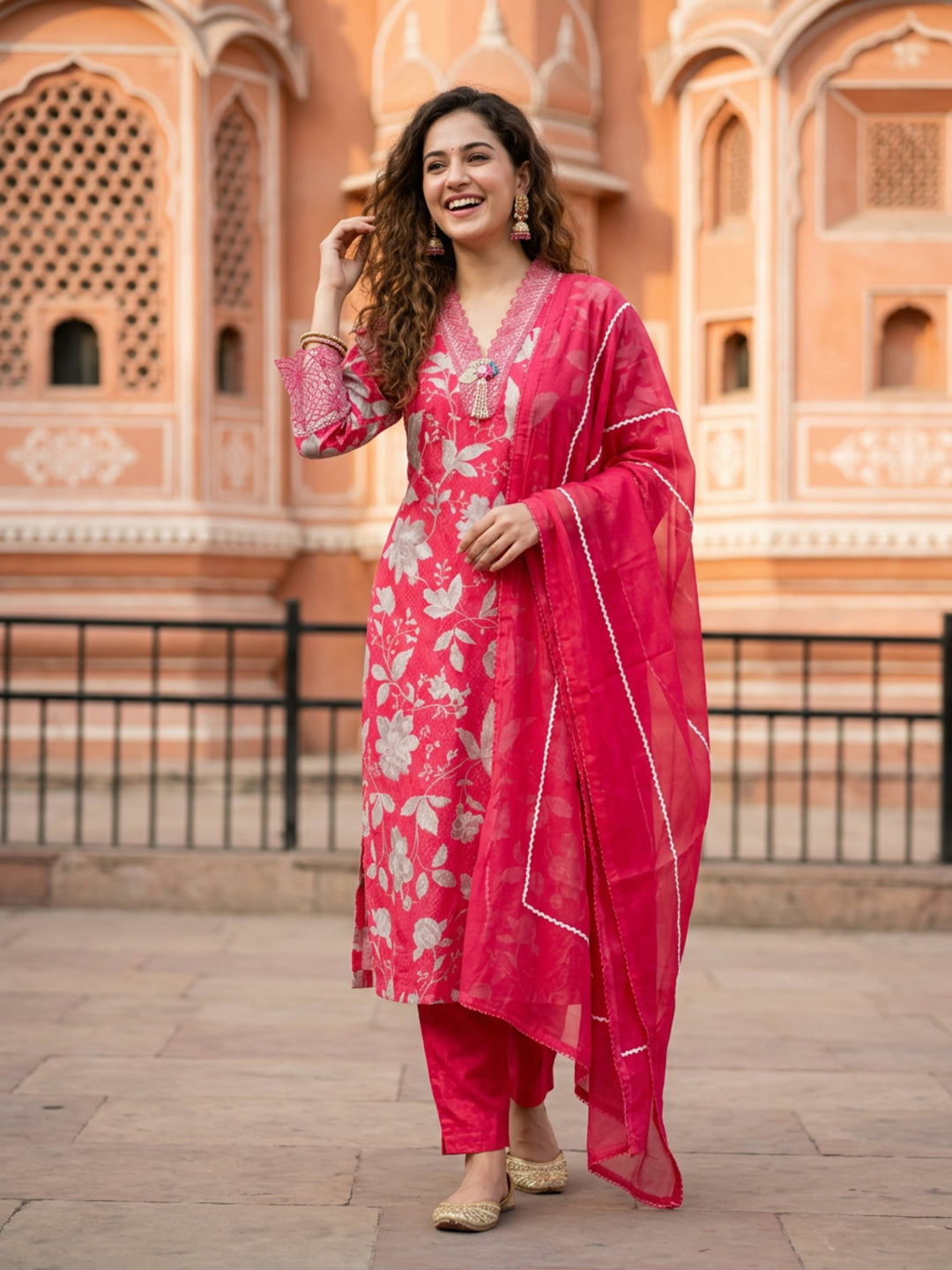 Abstract Floral Printed Embroidered Straight Kurta with Pant & Dupatta - Red