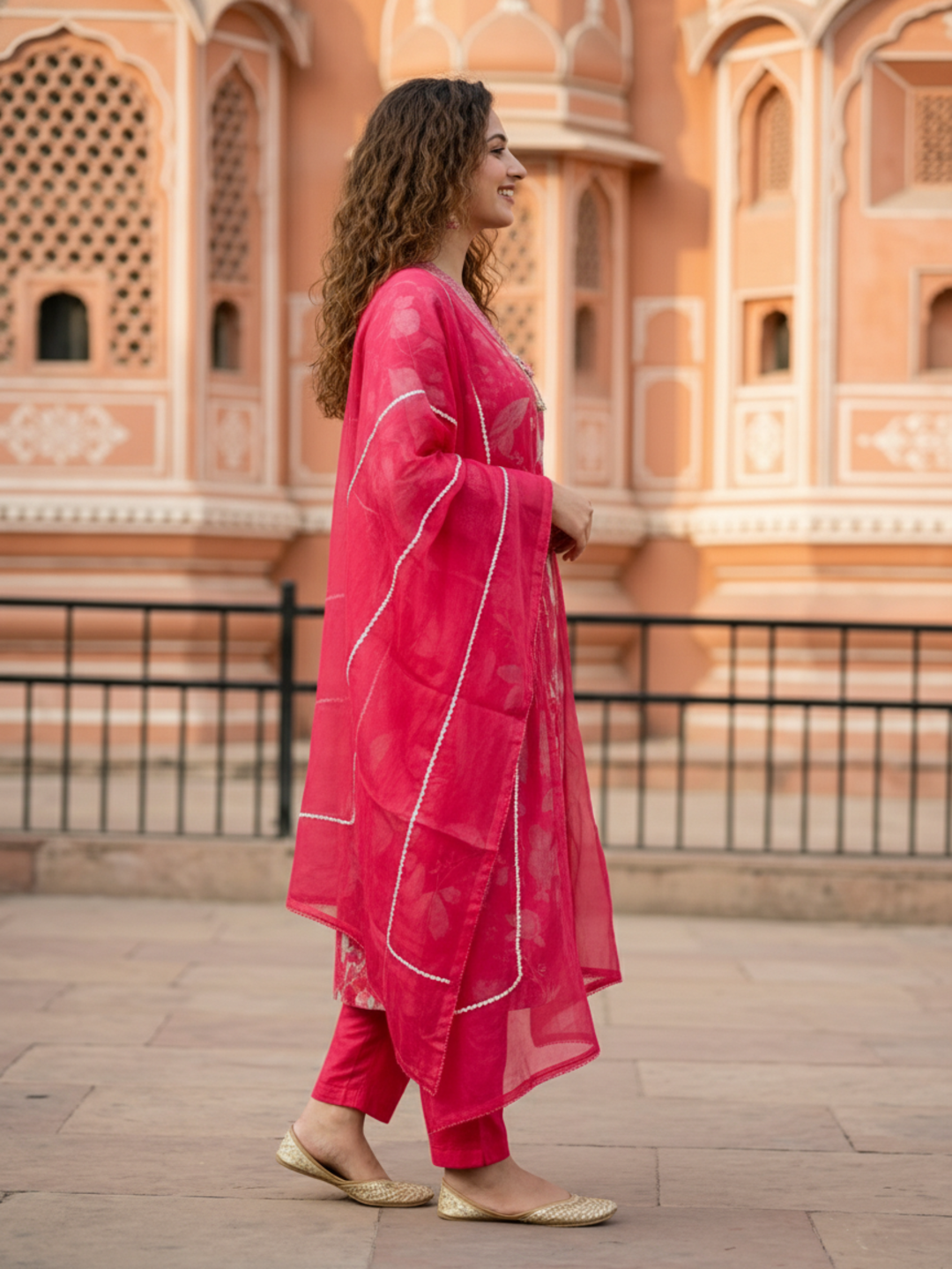 Abstract Floral Printed Embroidered Straight Kurta with Pant & Dupatta - Red