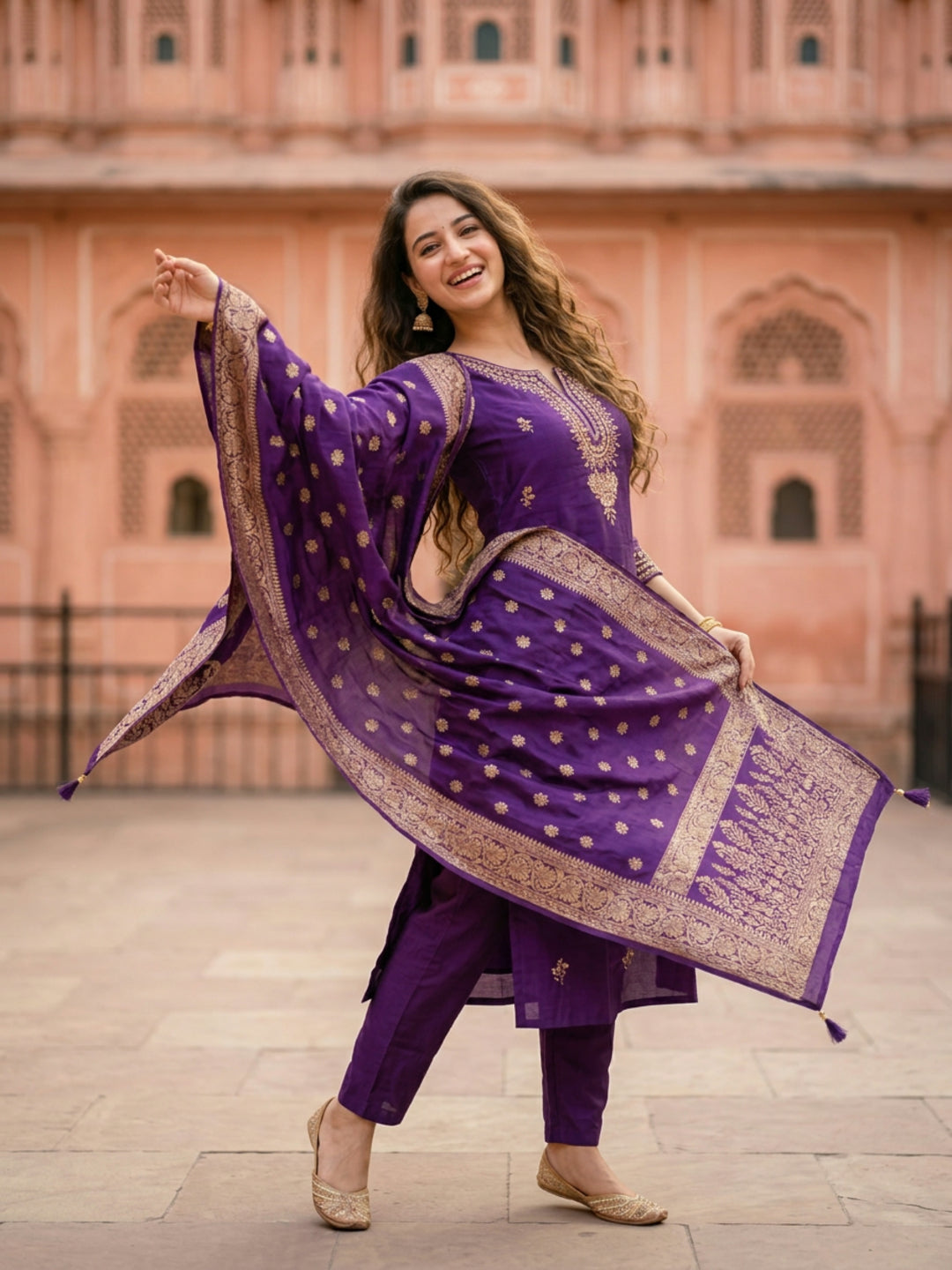 Solid Embroidered Straight Kurta with Pant & Jacquard Dupatta - Royal Purple