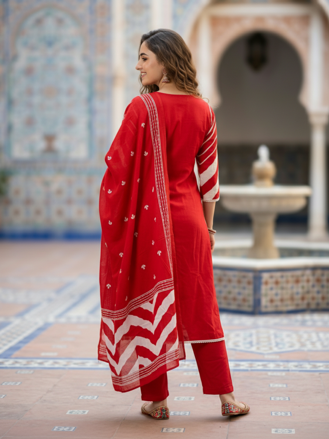 Leheriya Printed Embroidered A-Line Kurta with Pant & Dupatta - Red