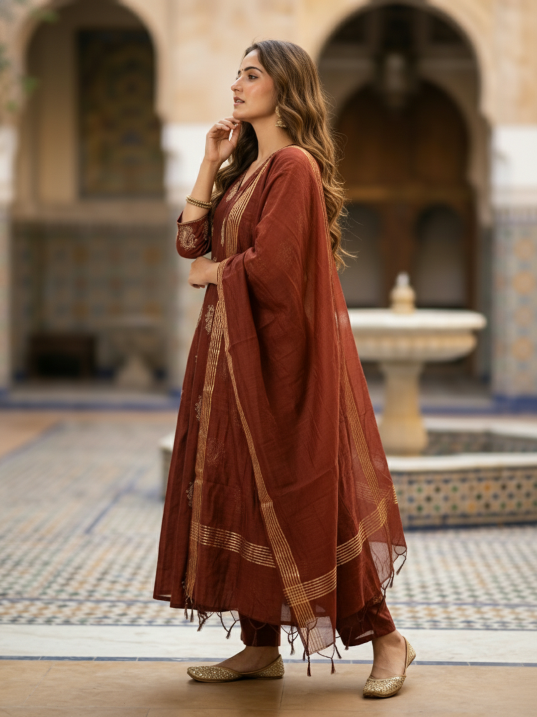 Solid Paisley Embroidered Anarkali with Pant & Dupatta - Brown