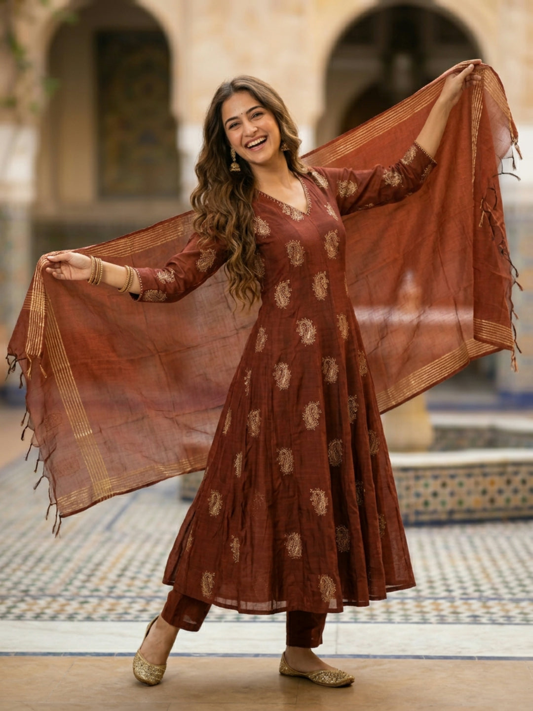 Solid Paisley Embroidered Anarkali with Pant & Dupatta - Brown