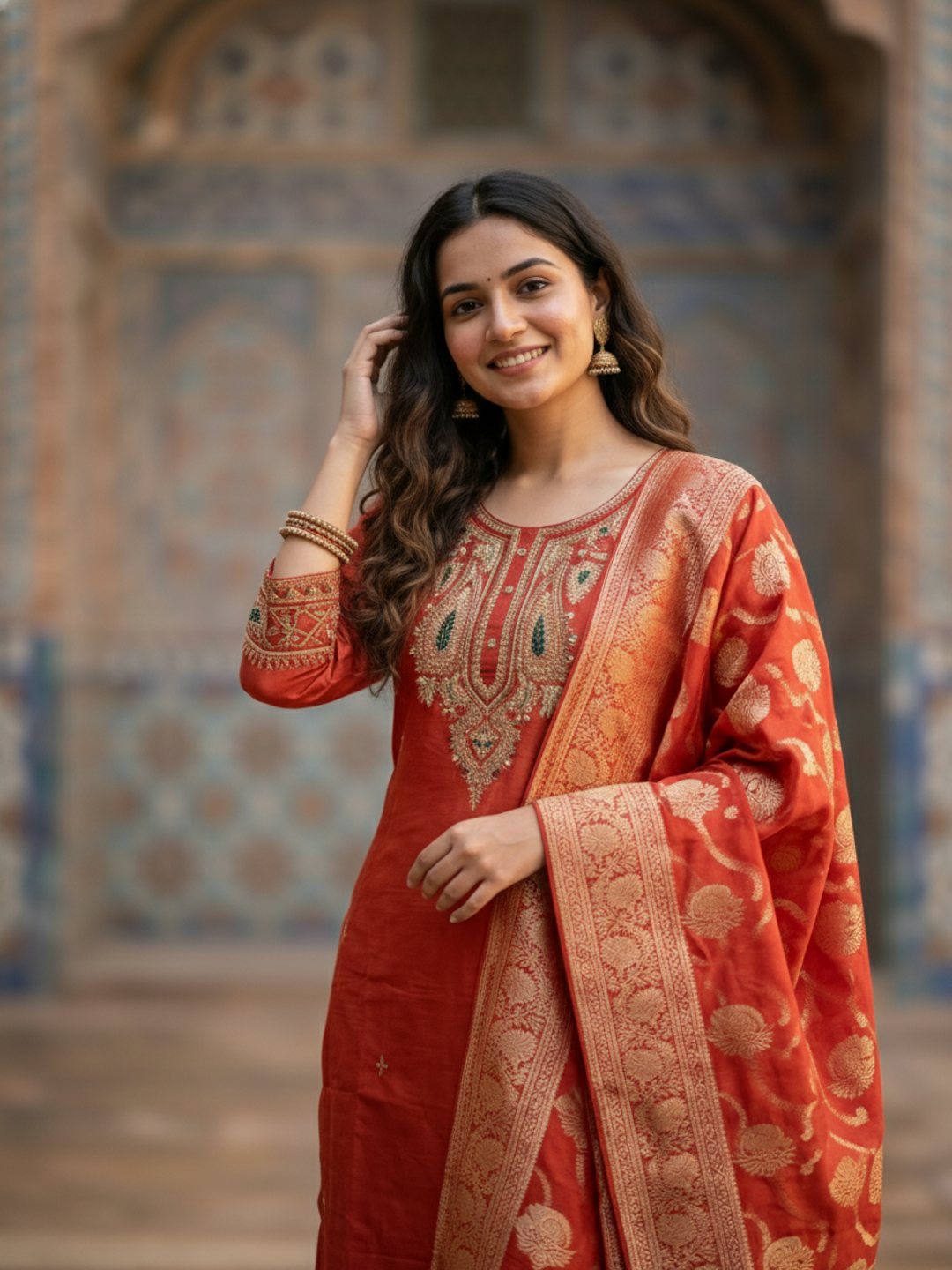 Solid Embroidered Straight Kurta with Pant & Jacquard Dupatta - Rust Orange