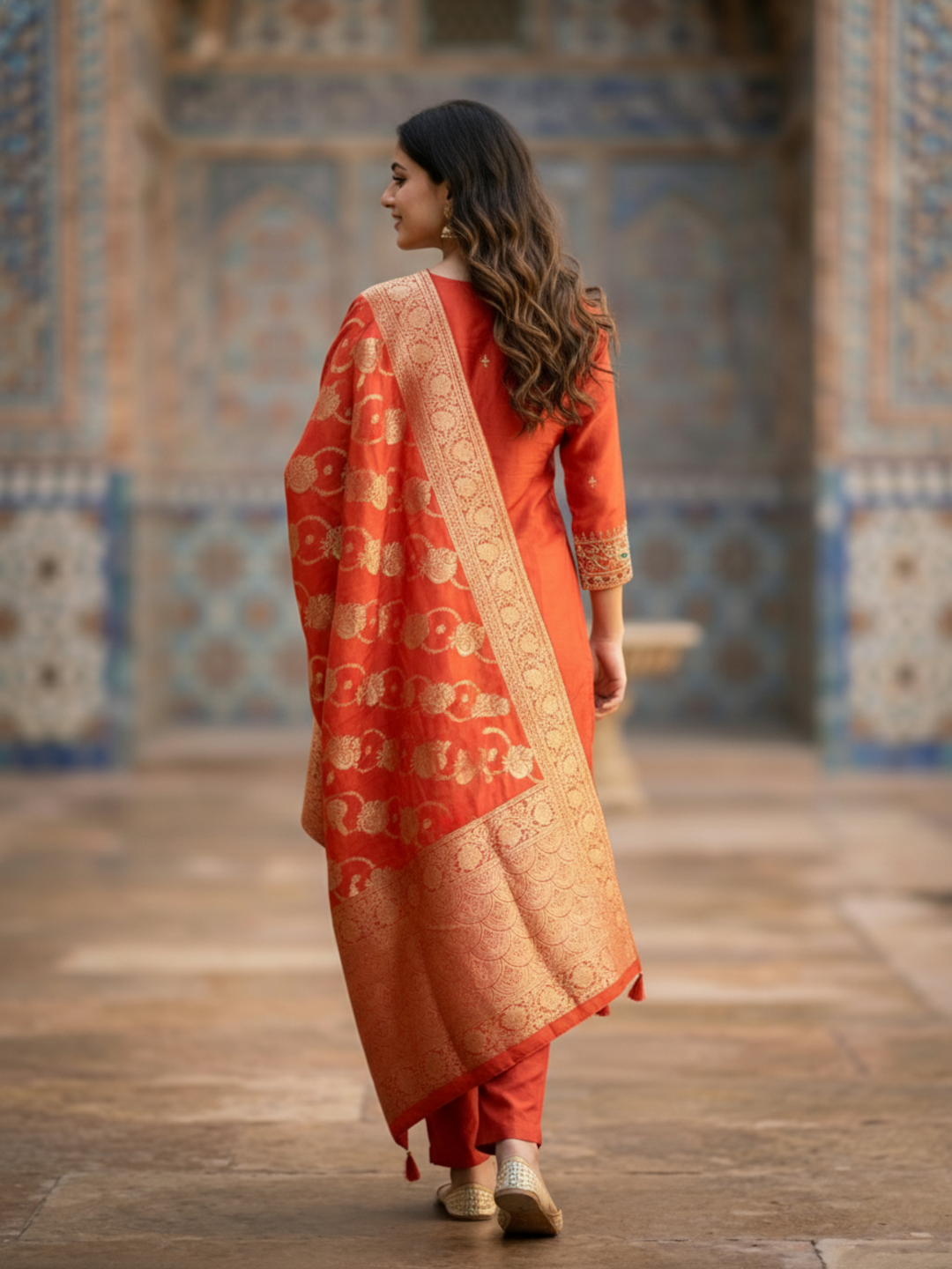 Solid Embroidered Straight Kurta with Pant & Jacquard Dupatta - Rust Orange