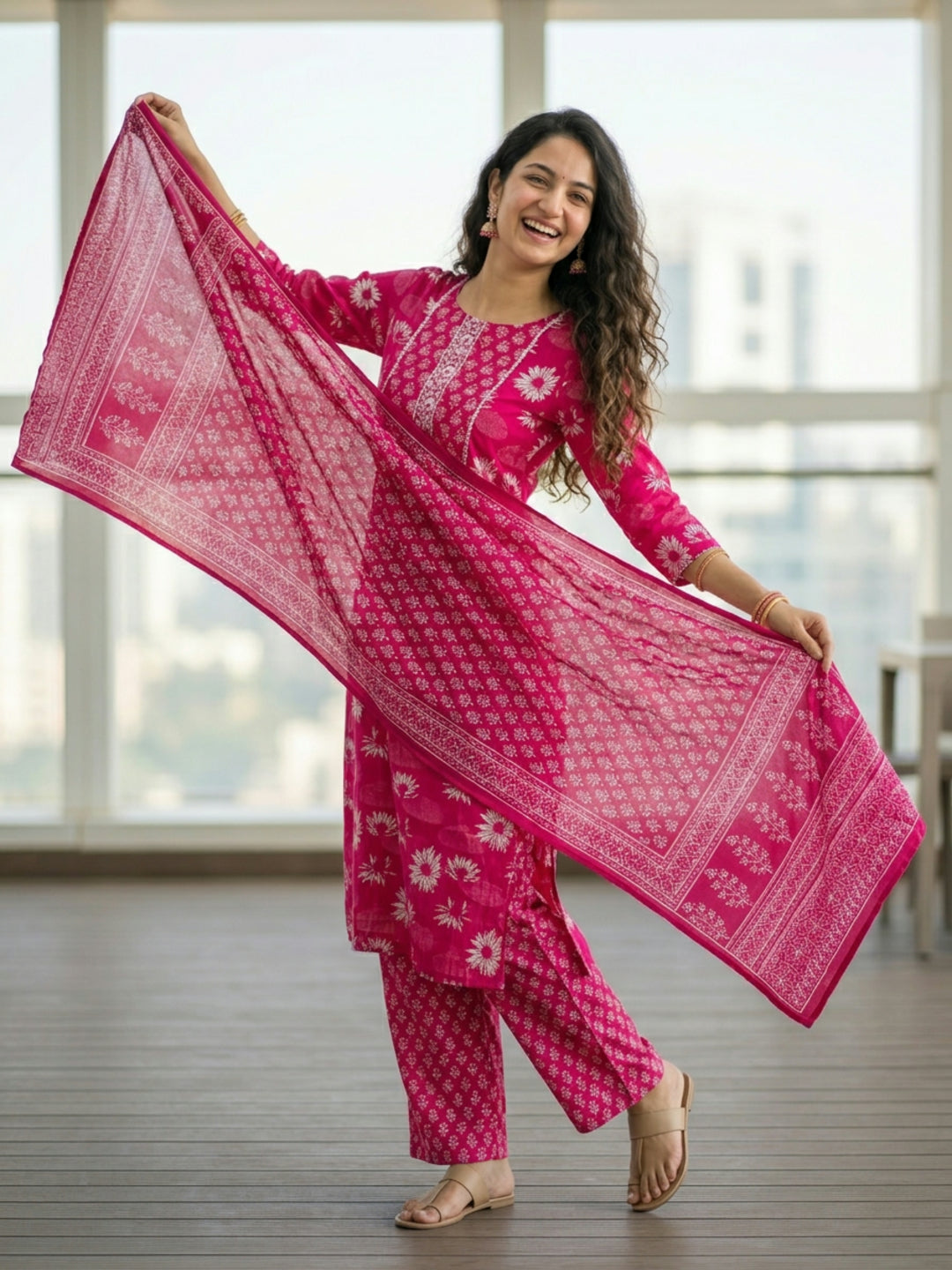 Floral Printed Embellished Straight Kurta with Pant & Dupatta - Pink
