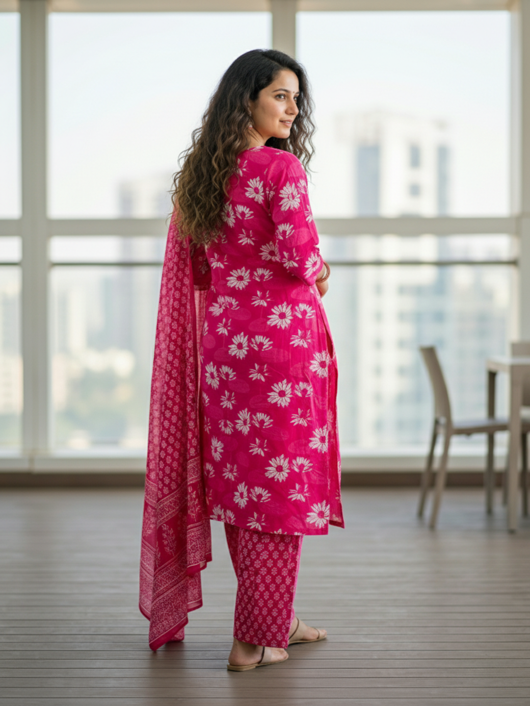 Floral Printed Embellished Straight Kurta with Pant & Dupatta - Pink