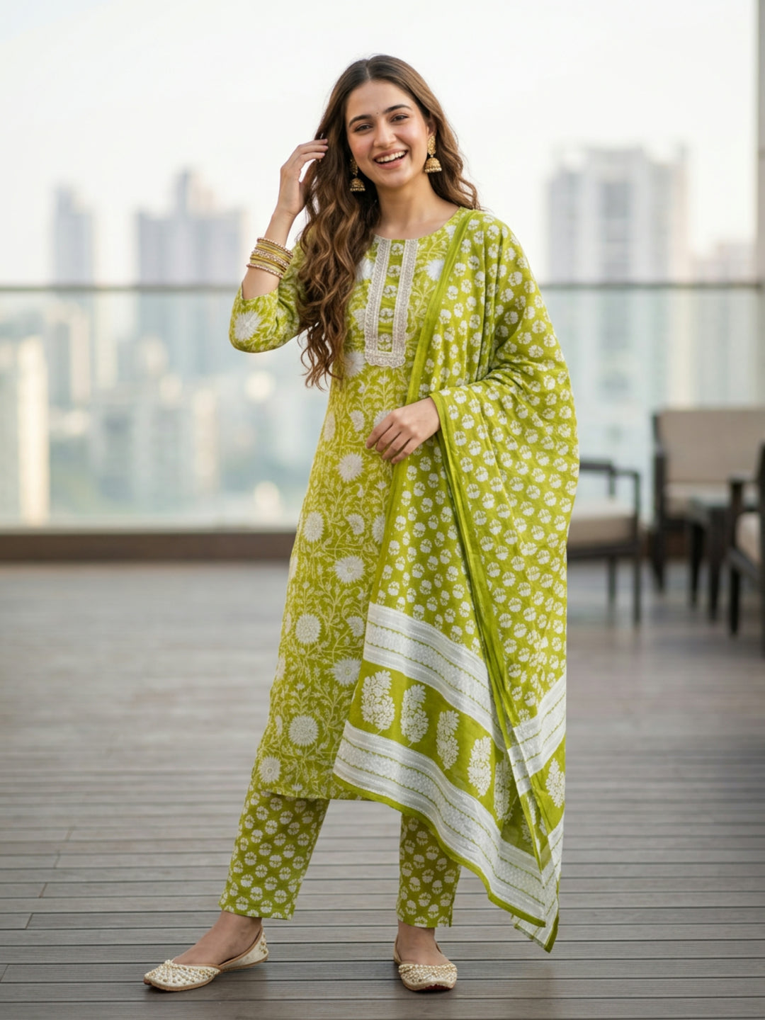 Floral Printed Embellished Straight Kurta with Pant & Dupatta - Green